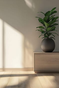 Sunlight casts gentle shadows on a minimalist space featuring a potted plant on a wooden dresser, creating a calm and serene atmosphere.