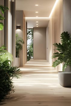 Bright hallway featuring wooden flooring and lush green plants, creating a serene and inviting atmosphere in a contemporary building.