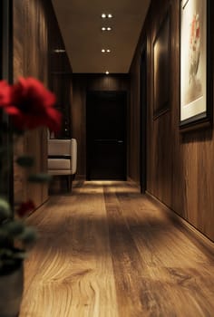 A stylish hallway featuring rich wooden flooring, soft lighting, and a rose in a vase, creating a warm and inviting atmosphere.
