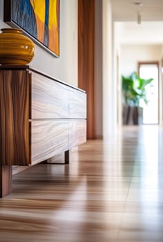 Elegant wooden cabinet enhances a modern hallway, complemented by artistic wall decor and warm lighting in a welcoming home.
