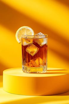A glass of iced tea sits on a bright yellow surface, garnished with a lemon slice and filled with ice cubes under soft natural light.