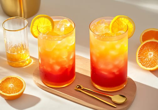 Two colorful citrus drinks sit on a wooden tray with fresh orange slices nearby in bright sunlight.