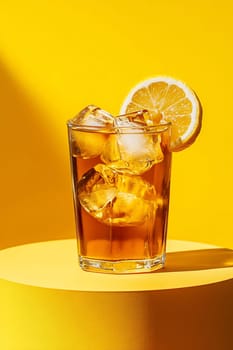 A glass filled with iced tea sits on a vibrant yellow surface, garnished with a lemon slice, radiating a refreshing vibe.