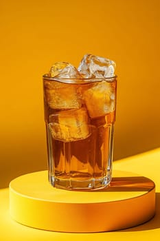 A glass filled with iced tea sits on a round yellow pedestal, illuminated by bright sunlight, creating a vibrant and refreshing atmosphere.