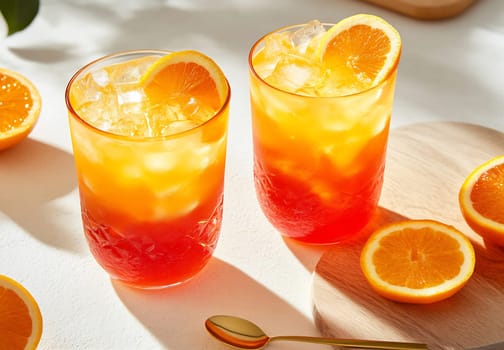 Two bright cocktails with ice, garnished with orange slices, sit on a table with fresh oranges under warm sunlight.