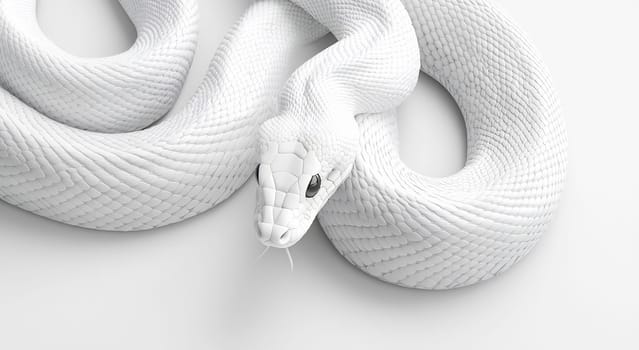 A white snake is coiled comfortably, showcasing its smooth scales and striking features against a minimalist background.