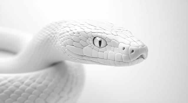 A detailed view of a white snake coiled gracefully, highlighting its unique texture and piercing eye against a plain backdrop.