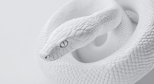 A white snake is elegantly coiled in a minimalist studio setup, showcasing smooth scales and striking eyes under soft lighting.