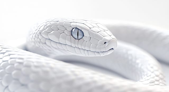 A close-up of a white snake highlights its smooth scales and piercing blue eye, showcasing its unique beauty and elegance.