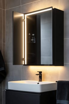A sleek black bathroom cabinet features bright lights surrounding the mirror. A stylish sink and faucet complete the contemporary design.
