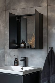 A stylish bathroom showcases a minimalist design with a black cabinet, modern sink, and decorative accents in natural tones.