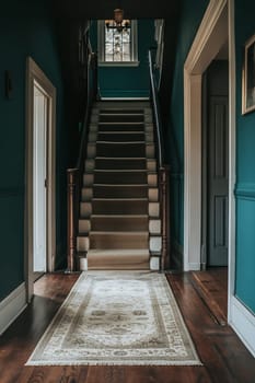 A refined stairway leads up through a dark teal hallway adorned with classic wooden features and a vintage rug on polished wood floors.