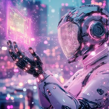A robot astronaut stands amidst a bustling cityscape at dusk, engaging with floating holographic displays that emit colorful lights. The atmosphere is dynamic and futuristic.