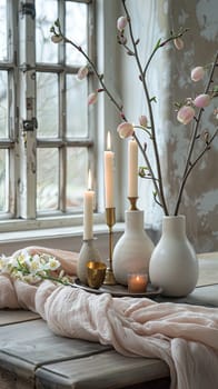 Fresh flowers and candles create a serene atmosphere on a rustic wooden table beside a vintage window, bringing a touch of spring elegance to the space.