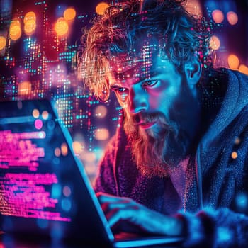 A young man with a beard intensely types on a laptop during the night, surrounded by colorful digital graphics that create a tech-inspired atmosphere.