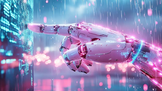 A cutting-edge robotic hand touches a glowing digital interface amidst falling rain, creating a mesmerizing combination of technology and nature during nighttime.