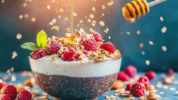 A colorful yogurt parfait filled with fresh raspberries, crunchy granola, and a drizzle of honey is being prepared. Sunlight highlights the vibrant colors and textures.