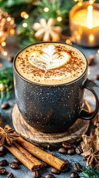 A beautifully crafted coffee cup features intricate heart-shaped latte art on top. It rests on a wooden coaster with cinnamon sticks and festive elements creating a warm atmosphere.