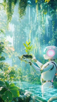 A robot gently holds a small plant in a serene, lush garden filled with verdant foliage and shimmering water. Sunlight filters through the greenery, creating a tranquil atmosphere.