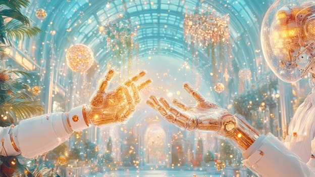 Two robotic hands extend towards each other, surrounded by an enchanting indoor garden filled with soft lights and elegant decorations. The atmosphere is vibrant and alluring.