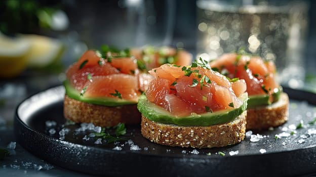 Savory canap s feature layers of smoked salmon topped with fresh herbs on crisp rye bread, garnished with lemon and salt, creating a delightful appetizer.