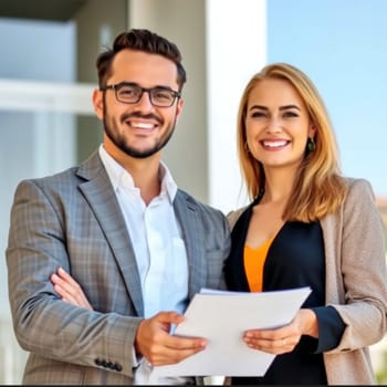 happy people smiling family real estate agent with client holding purchase and sale agreement men women generated ai alt. High quality 3d illustration