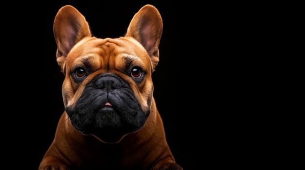 A brown French bulldog stares directly at the viewer, showcasing its distinctive features and strong personality in a dramatic setting - Generative AI