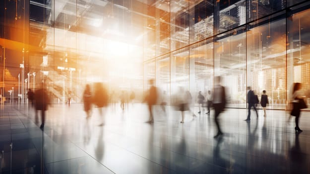 Professionals are seen walking through a modern office building, illuminated by bright sunlight during the afternoon - Abstract blurred background - Generative AI
