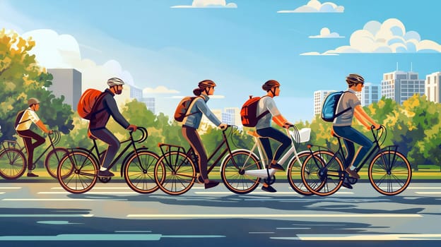 illustration of cyclists riding bicycles along a tree-lined pathway in a vibrant city park under a clear blue sky during daytime - Generative AI
