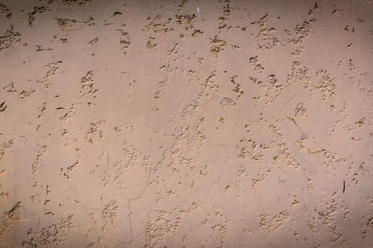 Textured peach wall shines under warm light, revealing cracks and subtle details that tell a quiet story.