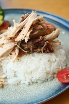 Shredded chicken rests on a bed of fluffy white rice with vegetables.