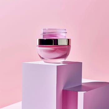 Cosmetic cream in a glass jar on a pink backdrop. Skin care concept. Background for beauty products