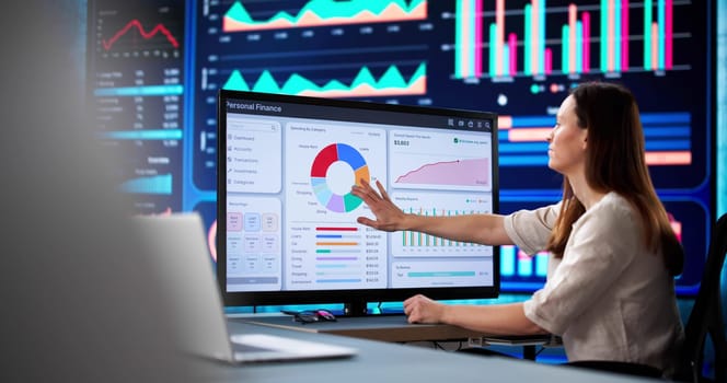 Financial advisor using budgeting app to track accounts on computer.