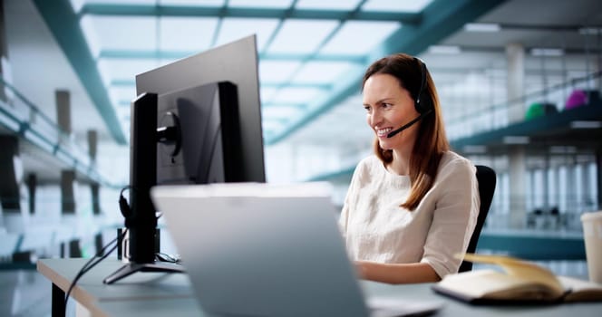Efficient female customer service agent speaking with happy remote client.