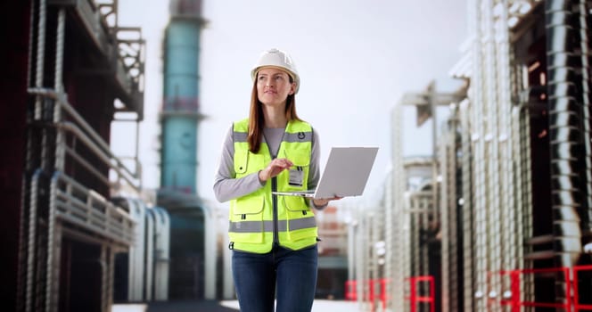 Inspecting pipelines for safety compliance at industrial factory job site.