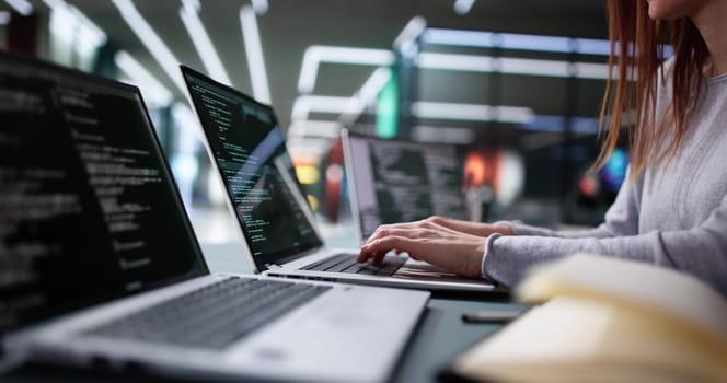 Professional Woman Coding Software on Office Computer for Business Development.