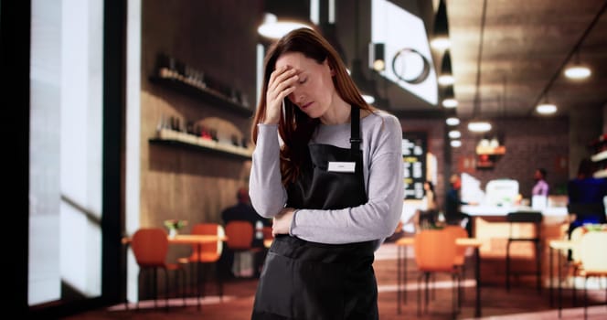 Unhappy woman reading report at cafe feeling stressed and frustrated.