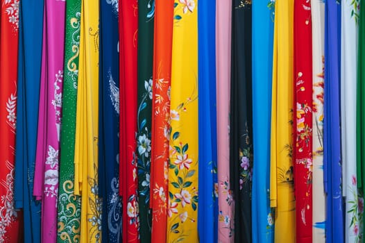 colorful silk scarves at the Asian textile market in Vietnam close-up