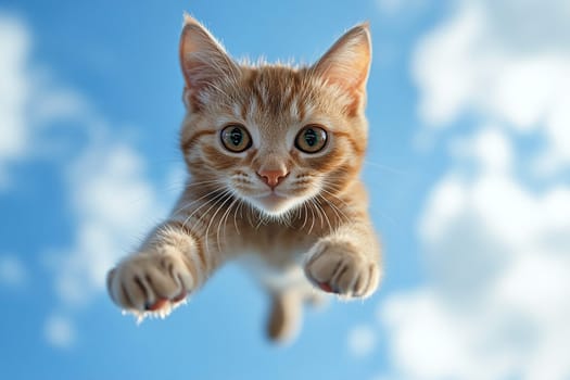 A ginger kitten jumps straight towards the camera against a blue sky, creating the illusion of flight.