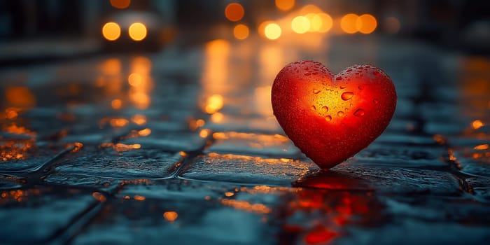 A red heart, glistening with raindrops, sits on a wet cobblestone street at night. City lights reflect in the water, symbolizing love amidst urban life.