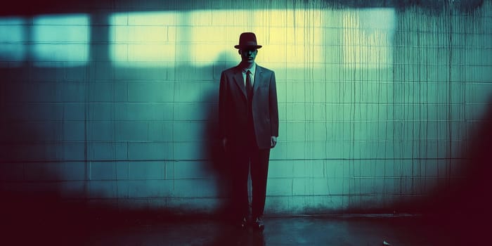 A man in a suit and hat stands against a weathered wall. Mysterious, perhaps a detective or a figure of intrigue. The lighting and drips suggest a hidden, perhaps dangerous, situation.