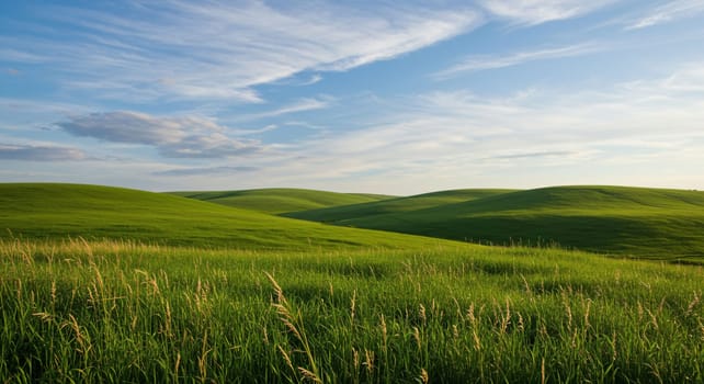 Peaceful Green Hills. A tranquil landscape of green hills and blue skies, complemented by wispy clouds; ideal for any project seeking tranquility and natural beauty.