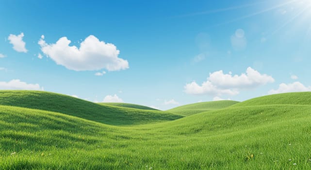 Peaceful Green Hills. A tranquil landscape of green hills and blue skies, complemented by wispy clouds; ideal for any project seeking tranquility and natural beauty.