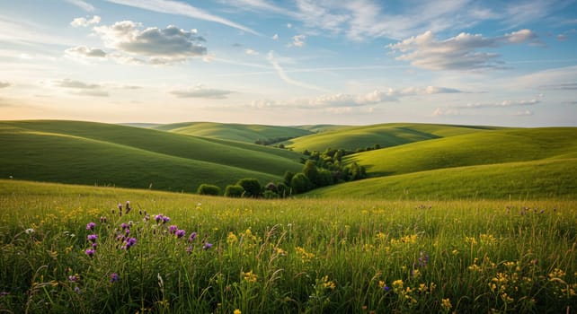 Peaceful Green Hills. A tranquil landscape of green hills and blue skies, complemented by wispy clouds; ideal for any project seeking tranquility and natural beauty.