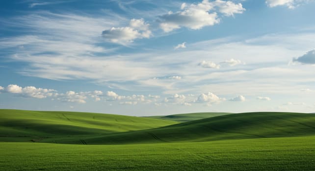 Peaceful Green Hills. A tranquil landscape of green hills and blue skies, complemented by wispy clouds; ideal for any project seeking tranquility and natural beauty.