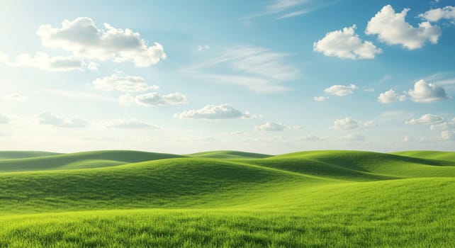 Peaceful Green Hills. A tranquil landscape of green hills and blue skies, complemented by wispy clouds; ideal for any project seeking tranquility and natural beauty.