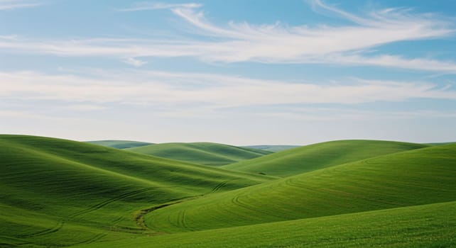 Peaceful Green Hills. A tranquil landscape of green hills and blue skies, complemented by wispy clouds; ideal for any project seeking tranquility and natural beauty.
