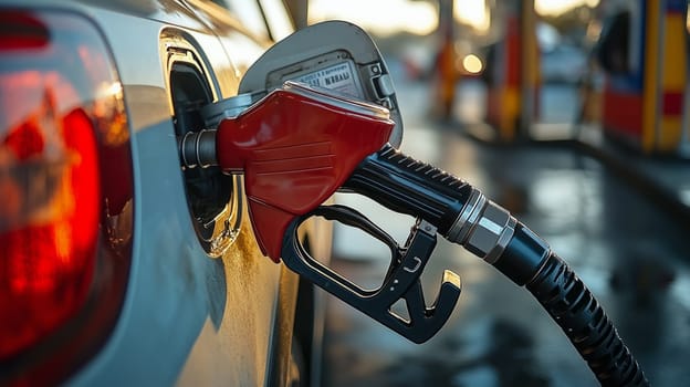 Red fuel nozzle pumping gasoline into car at gas station during sunset