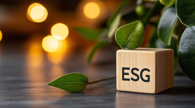 Esg environmental social and corporate governance green plant growing on wooden block with bokeh lights