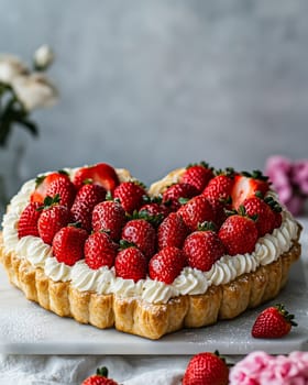 Heart shaped strawberry tart with whipped cream filling, perfect for valentine's day or any romantic occasion.